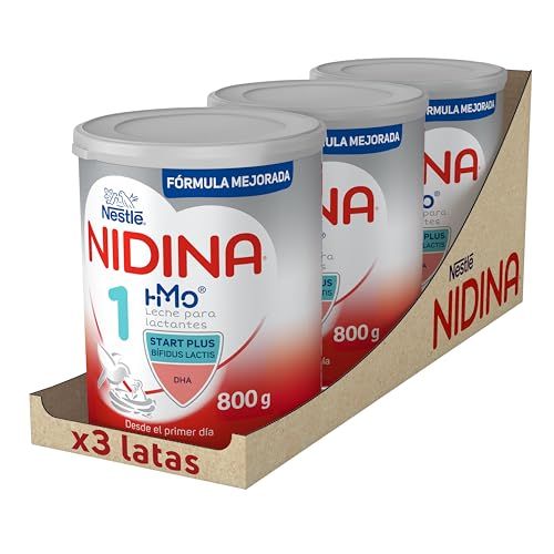 Nestlé NIDINA 1 Leche en polvo para bebés lactantes de hasta 6 meses. Pack de 3 botes con 800g (2400g en total), Formato Exclusivo