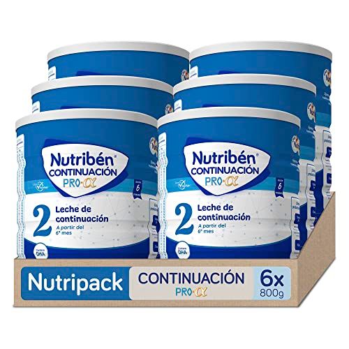 Nutribén Continuación Pro Alfa 2 - Leche en Polvo Bebé | Fórmula a partir de los 6 Meses | sin Aceite de Palma | con Cacito Dosificador Incluido | con DHA | 6 Botes de 800g